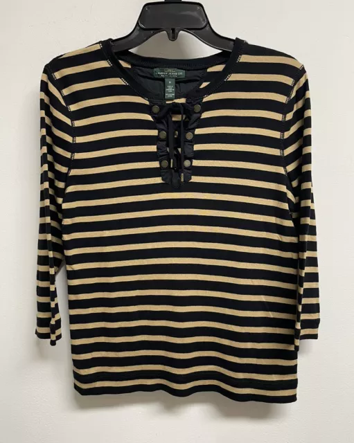 LRL LAUREN JEANS CO. Striped 3/4 Sleeve Lace-Up V-Neck Shirt Top, Women’s Size M