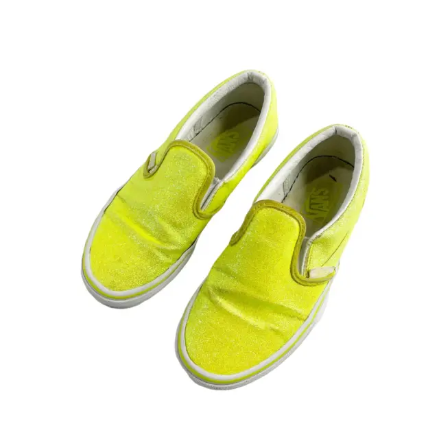 Vans Girls Slip On Sneakers Neon Yellow White Round Toe Low Top Glitter 1.5M