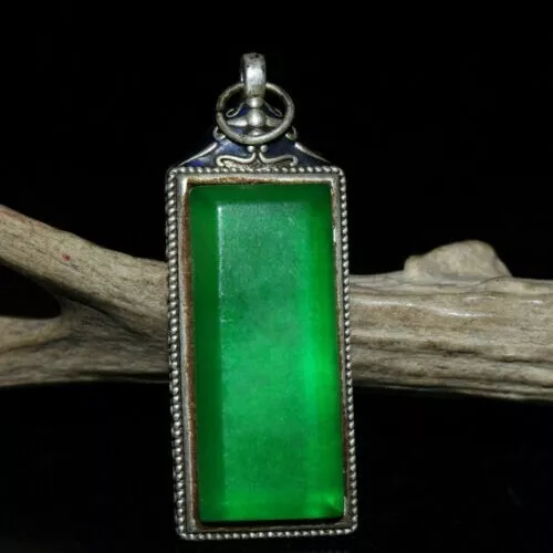 Old Chinese Tibetan silver inlaid green jade pendant