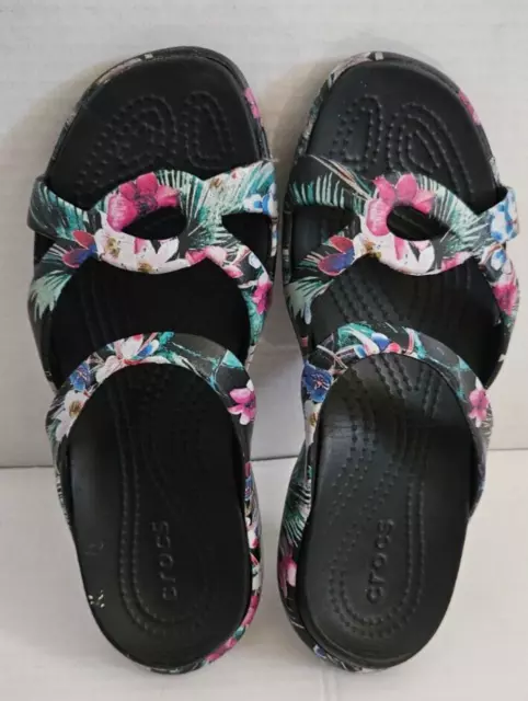 Crocs Womens Size 6 Meleen Twist Graphic Floral Casual Flip Flop Sandal Black