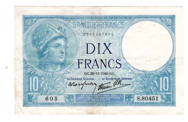 FRANCE Billet 10 FRANCS ( 1939 - 1940 ) MINERVE  TTB   VF