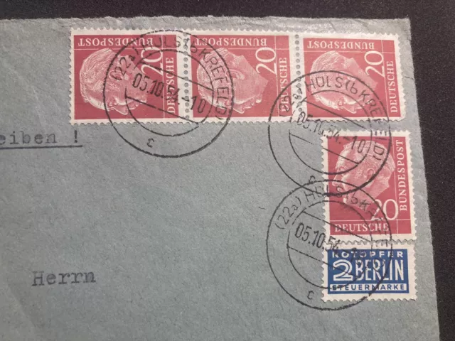 Ganzsache Einschreiben 4x 20 Pf Heuss Briefmarken 1xNotgeld Stempel 1954 Hüls