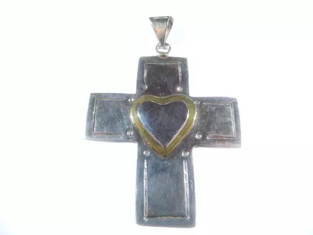 *VINTAGE*  LARGE Mexico Handmade Sterling Silver & Brass Heart  Cross Pendant