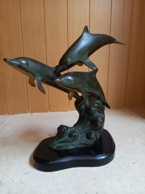 SPI San Pacific International Bronze DOLPHIN TRIO ON WAVES Sea Sculpture Signed