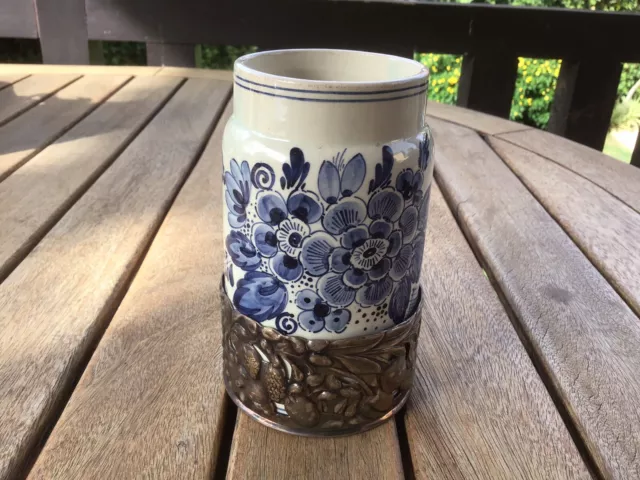 Vintage Delft Holland Vase With Luxmetaal Base