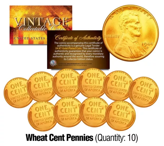 Lincoln Head 1940/50's WHEAT Cent Penny U.S. Coins 24K GOLD PLATED (Lot of 10)
