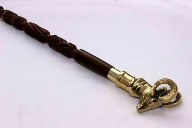 Antique Brass Solid GOAT Head Handle Vintage Victorian Walking Stick Wooden Cane