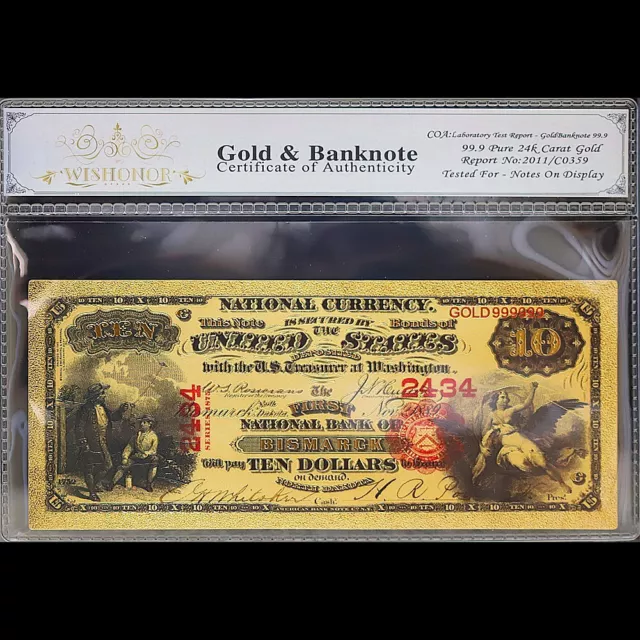 Gold 1875 $10 Ten Dollars Banknote Collectible with Bag & Certificate