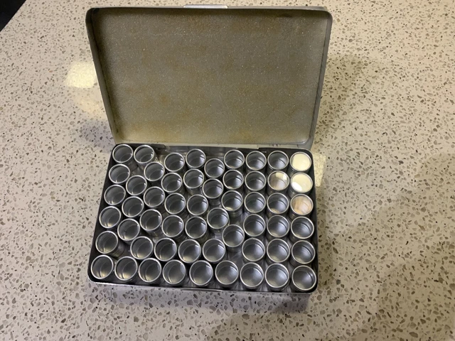 54 Aluminum Bead/Gem Canisters w Glass Lids & Aluminum Case