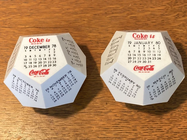 2 Vintage 1978 & 1980 Coca Cola 12 Sided Plastic Calendar Cube Coke NOS