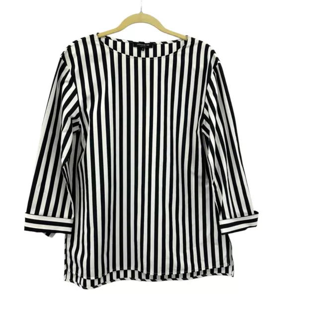 Lafayette 148 Womens Black And White Vertical Striped Shirt Size M Popover Top