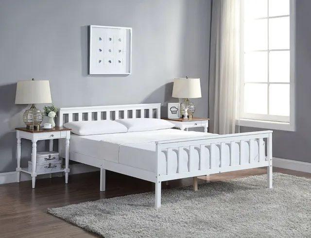 White Solid Wooden Bed Frame Single 4ft Double King Size Bed With Mattress Pine 2