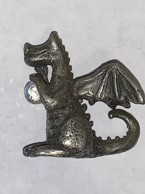 Pewter Cute Baby  Dragon Holding Crystal Sphere Miniature Vintage 1970s Mini Fig