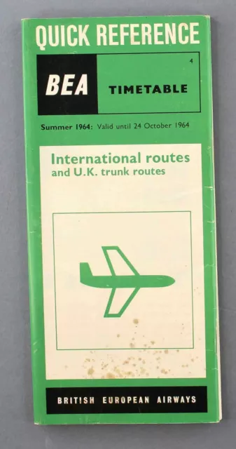 Bea British European Airways Quick Reference Airline Timetable Summer 1964