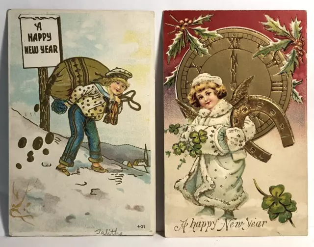 New Year Postcard 2 Children Lot Gold Money Luck Four Leaf Clover Horseshoe