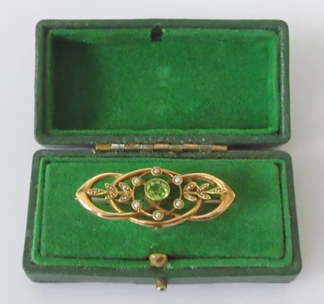 Gold Pearl Brooch - Victorian 15ct Yellow Gold Peridot Seed Pearl Pin Bar Brooch