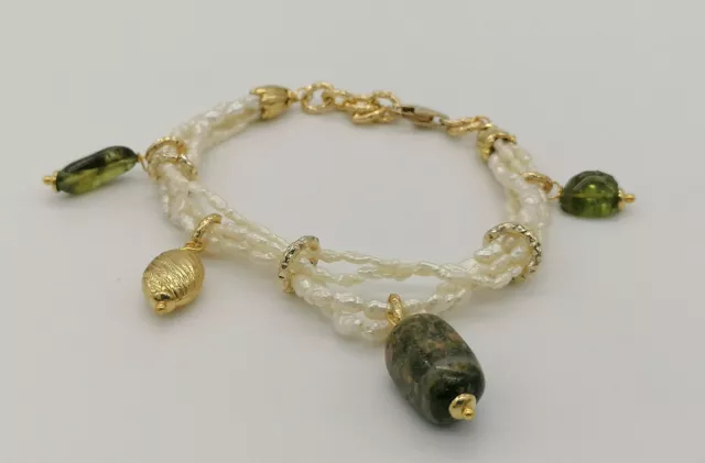 bracciale perle naturali diaspro peridoto argento 925 multifilo MADE IN ITALY
