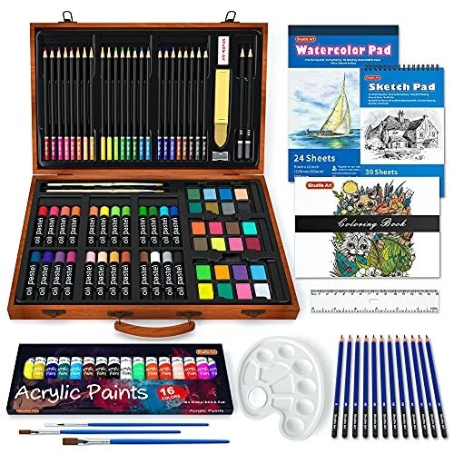 Juego de arte de lujo de 118 piezas, suministros de arte en estuche de madera, pintura