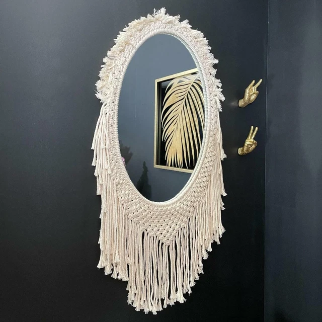 Großer Boho Fransen Makramee Creme Boho Oval gewebt Wandspiegel