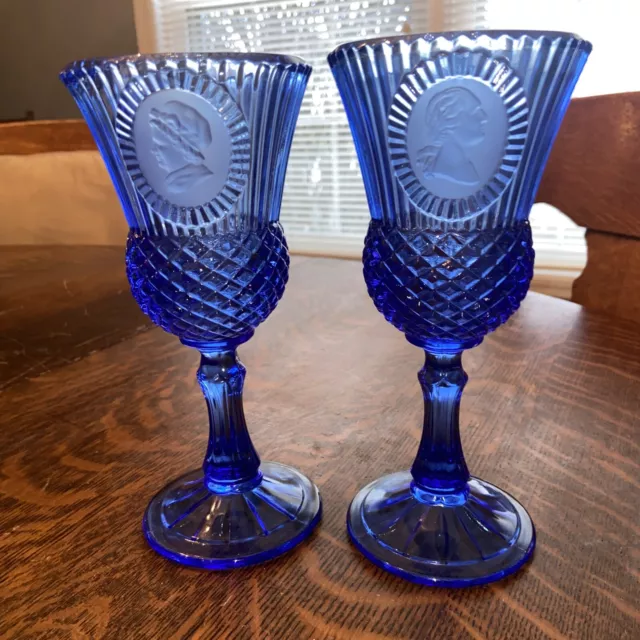 TWO Vintage AVON Fostoria Cobalt Blue Glass Goblets George Washington