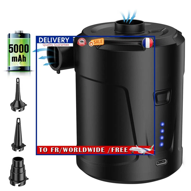 Pompe à air électrique 5000mAh Batterie intégrée Quick-Fill avec 3 buses Noir