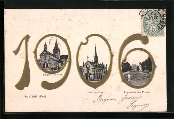 CPA Breteuil-sur-Iton, L´Eglise, Hote de Ville, Promenade des Plesses 1906