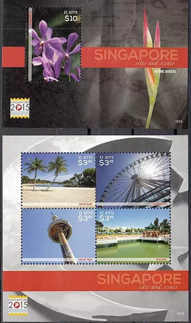 👉 St.kitts 2015 Singapore Stamp Show S/S + M/S Mnh Palm Trees, Flowers