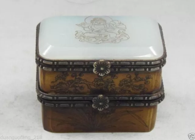 Old Vintage Handmade Bone Jade Carving Buddha & Bird Double Jewelry Box c169