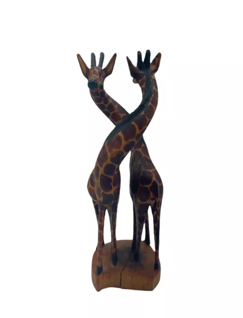 HAND CARVED WOODEN ENTWINED GIRAFFE STATUE with 2 giraffes.