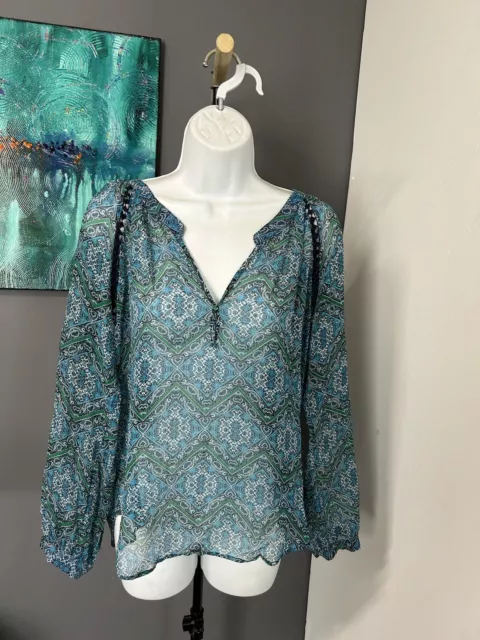 Ella Moss Silk Blouse Blue Green Floral Mandala Paisley Sheer V Neck Women’s (M)