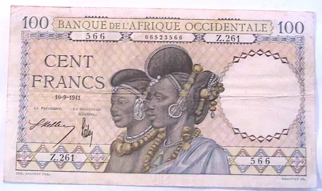 1941 French West Africa Ch VF 100 Francs Banknote Currency Paper Money p-23