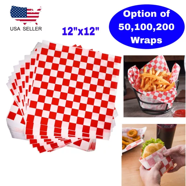 Red & White Checkered Wax Deli Sandwich Wrap Paper Sheets Basket Liner 12x12"