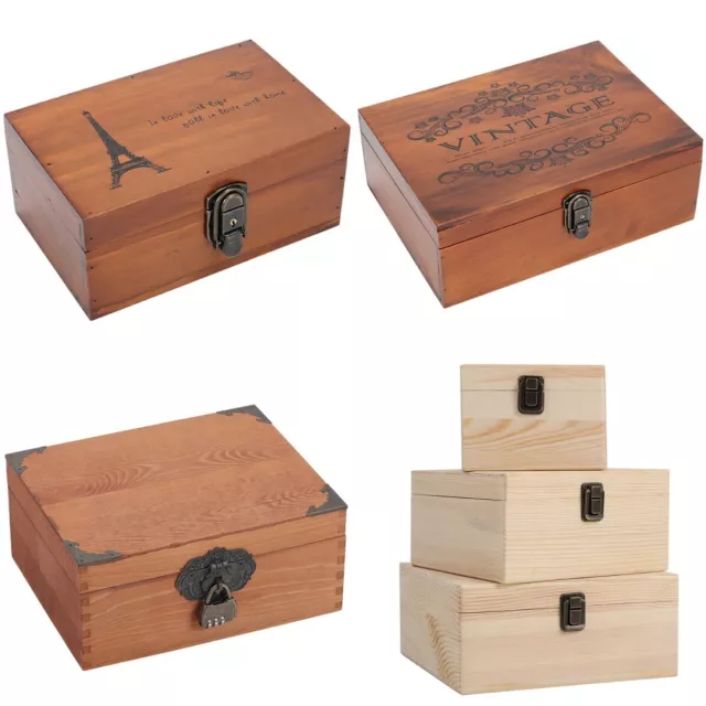 Vintage Wooden Gift Boxes Chest Keepsake Storage Box w Hinged Lid Lock Clasp/Key