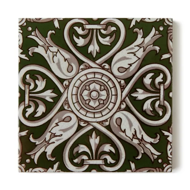 Antique Tile Victorian Aesthetic Gothic Arts Crafts Floral Lea Hearth Green Gray