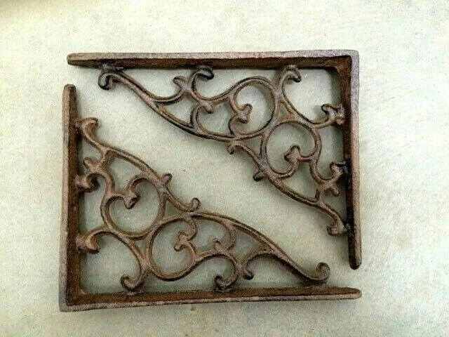 2 pc ORNAMENTAL BRACKET vintage look antique brown patina finish iron brace 7"