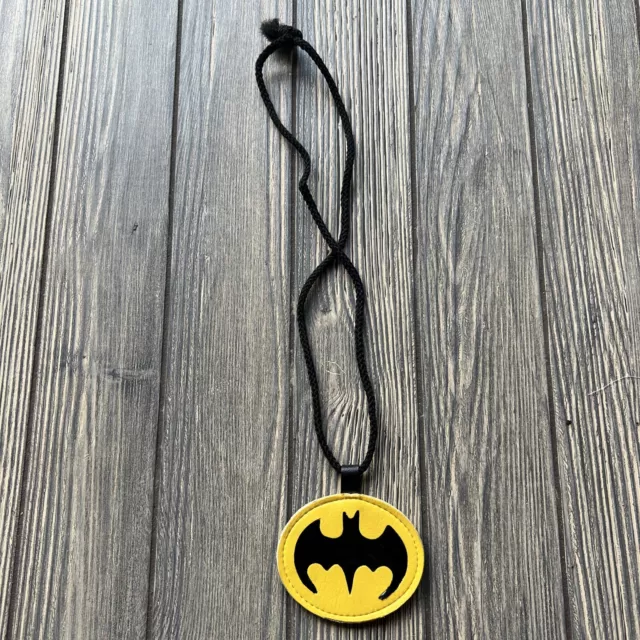 Vtg Batman Logo Lanyard Necklace Leather Feel Medallion Rope Tie Black Yellow