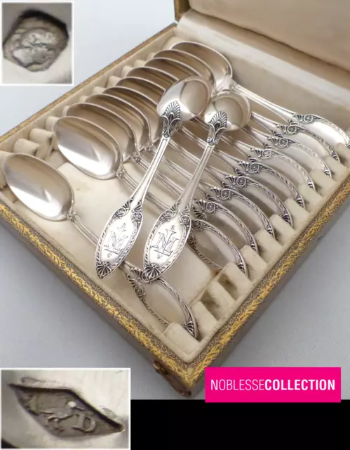 ALPHONSE DEBAIN ANTIQUE 1880s FRENCH STERLING SILVER COFFEE SPOON SET 12pcs 294g