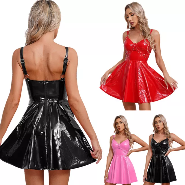 Womens Sexy Mini Wet Look Dress Short Slip Dresses Patent Leather Clubwear Shiny 3