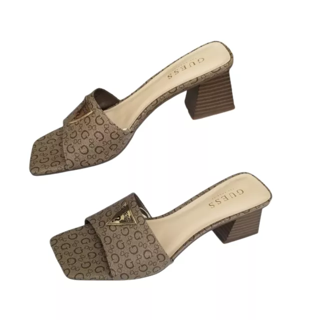 GUESS Logo Print Dress Sandals Brown Womens Size 8M Block Heel