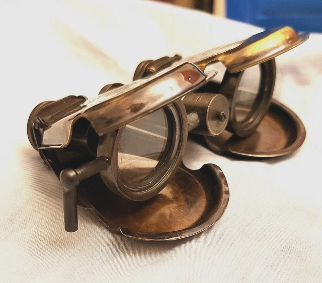 Bronze Folding Binoculars Vintage Antique Leather Case II London Old World War I