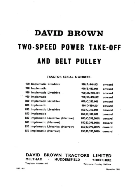 Tractor Manual David Brown Two-Speed Power Take-Off Implematic 850 880 950 990