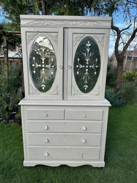 Antique Linen Press cupboard Drawers Dresser Grey Painted Mirror French Larder