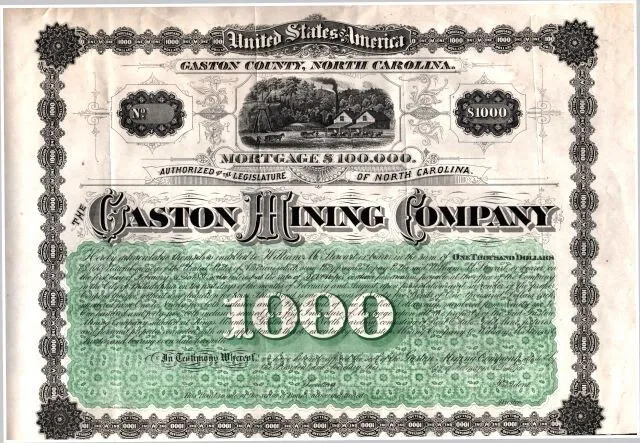 GASTON MINING CO (North Carolina)    1875 7% Mortgage Bond $1000