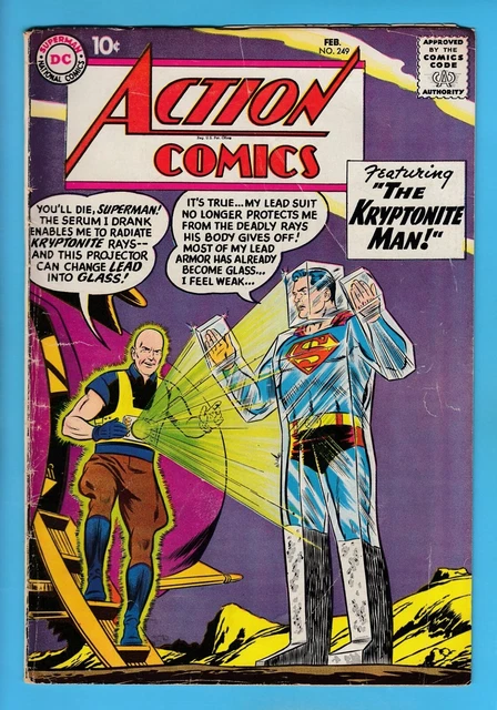 Action Comics # 249 Vg- (3.5) Superman - Glossy Unstamped Us 10 Cents Dc - 1959