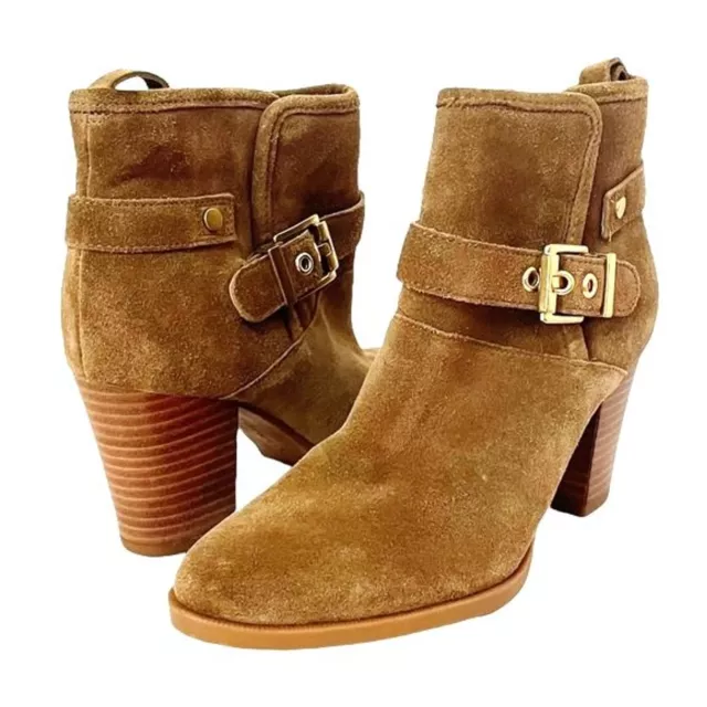 Franco Sarto Camel Suede Stacked Heel Bootie Buckled Leather Boot Women’s Size 6