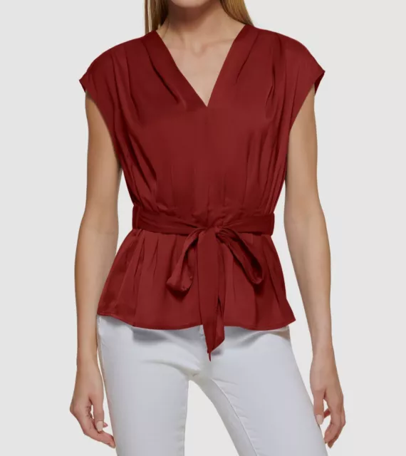 $79 DKNY Women's Red V-Neck Cap Sleeve Self-Tie Blouse Top Size M