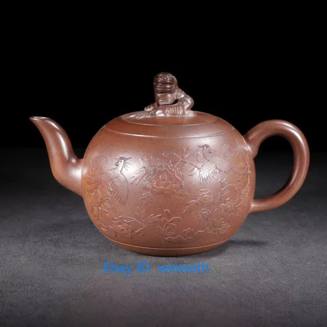 Old Chinese Yixing Zisha Clay Purple Sand Handmade Carved Lion Flower Teapot