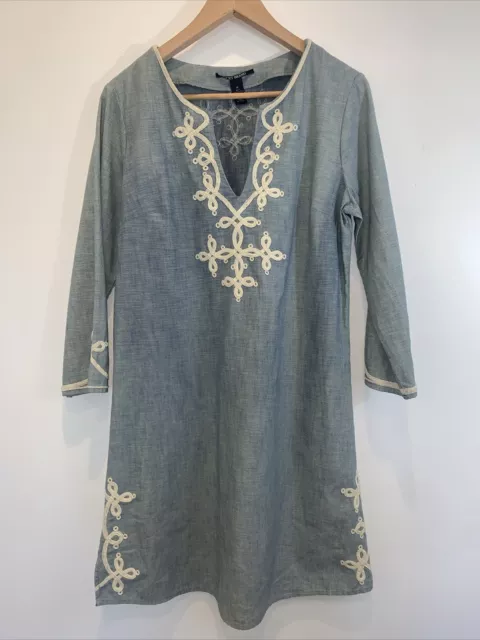 Lucky Brand Dress Womens Medium Blue Chambray Embroidered Boho Hippie Festival