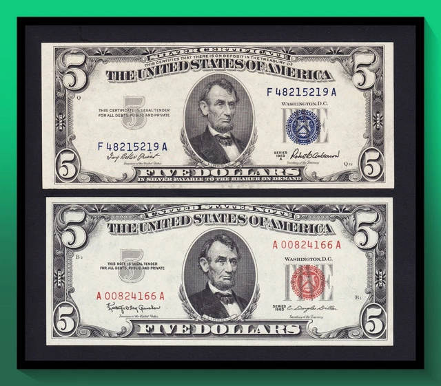 Lot (2) 1953A $5 Silver Certificate, 1963 $5 Legal Tender *Both GEM UNC*