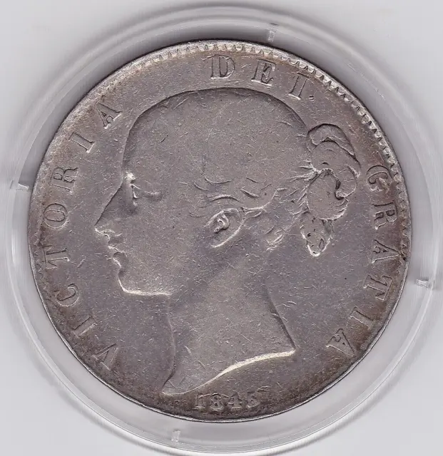 1845  Queen  Victoria   Large  Crown / Five  Shilling  Coin  (92.5%  Silver)